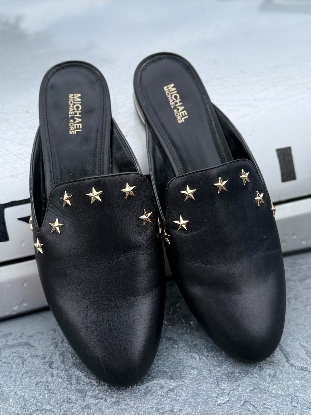 Michael Kors Black Leather Star-Stud Slide Mules